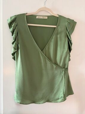 Vintage Green Ruffle-Sleeve Wrap Top by Graham & Spencer